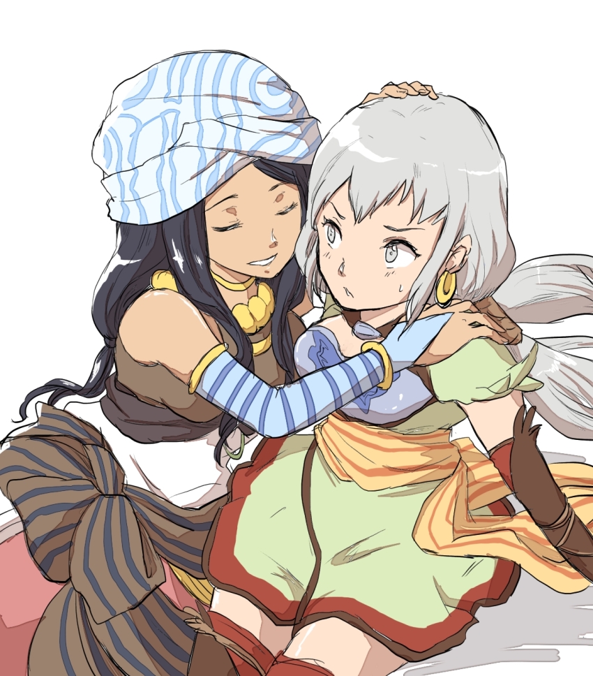 2girls, black_hair, breasts, closed_mouth, detached_sleeves, earrings, gensou_suikoden, gensou_suikoden_tierkreis, grey_eyes, grey_hair, highres, jewelry, long_hair, low_twintails, marica_(suikoden_tierkreis), medium_breasts, minat111, multiple_girls, necklace, open_mouth, robe, sash, sisuca_(suikoden), smile, striped, thighhighs, twintails, very_long_hair, white_background, white_hair