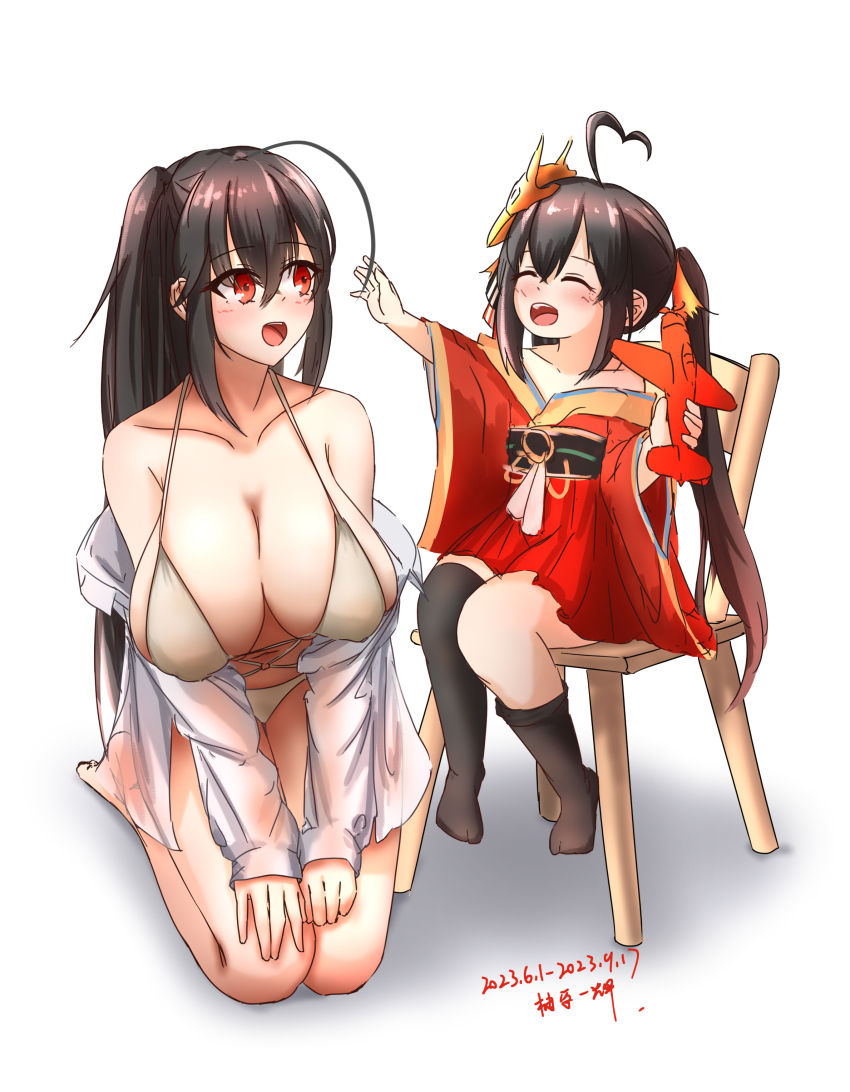 2girls, :d, absurdres, ahoge, asymmetrical_legwear, azur_lane, bare_shoulders, bikini