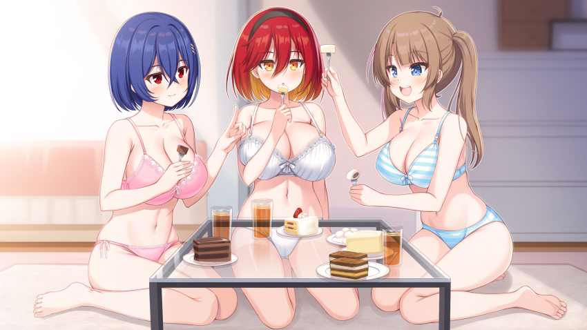 3girls, amane_(senran_kagura), barefoot, bedroom, blue_eyes, blush, breasts, brown_hair