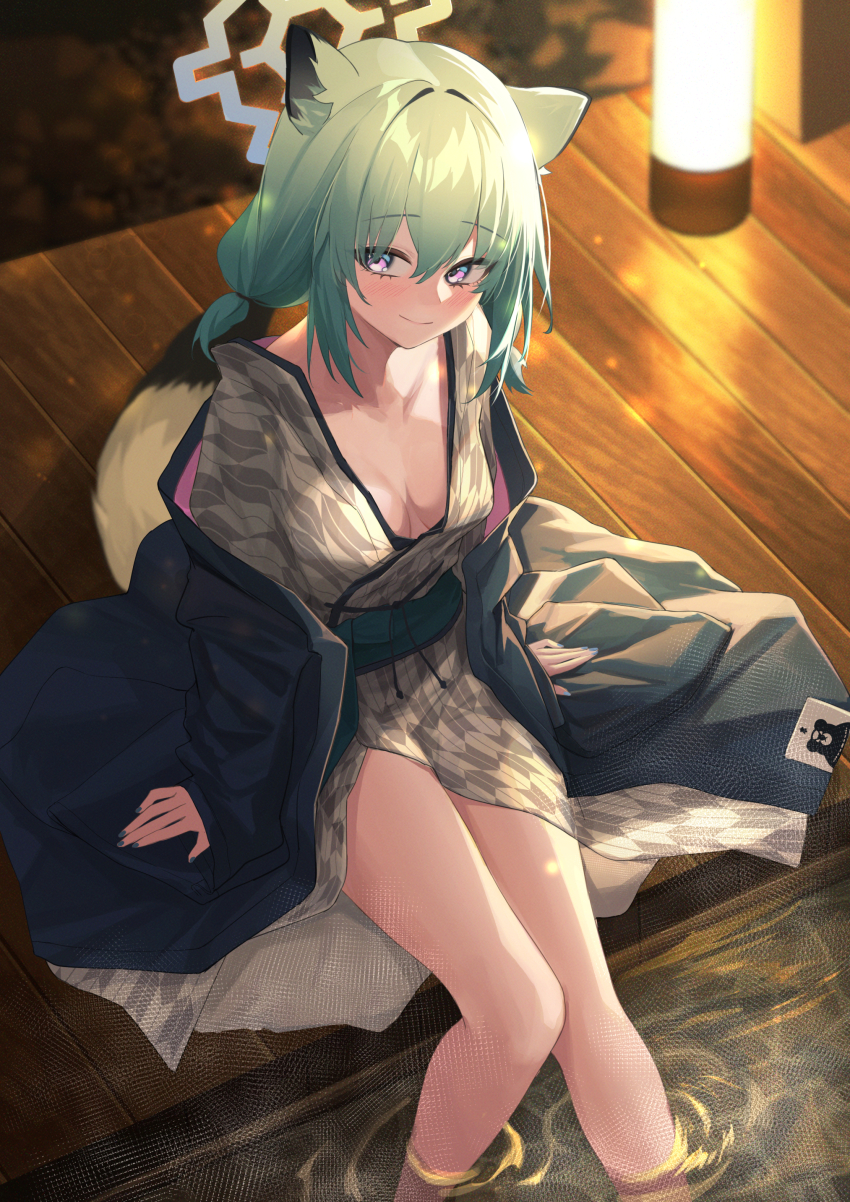 1girl, absurdres, animal_ears, bath_yukata, blue_archive, blush, breasts, closed_mouth