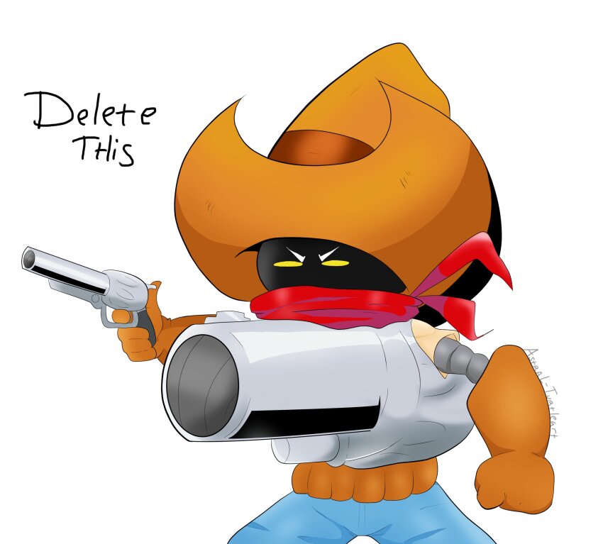 absurdres, cowboy_hat, delete_this_(meme), digimon, digimon_(creature), gun, handgun, hat