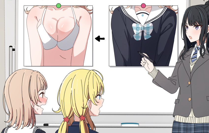 3girls, arimon_(dfrgty12), arrow_(symbol), bikini, black_hair, blonde_hair, blush, breasts