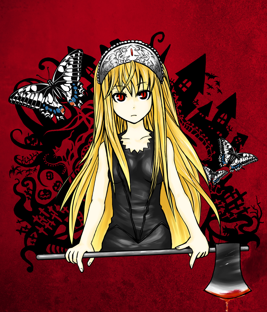 1girl, axe, black_dress, blonde_hair, blood, bug, butterfly, chachamaru-f, dress, female_focus, hime_(kaibutsu_oujo), kaibutsu_oujo, long_hair, looking_at_viewer, red_eyes, solo, tiara, weapon