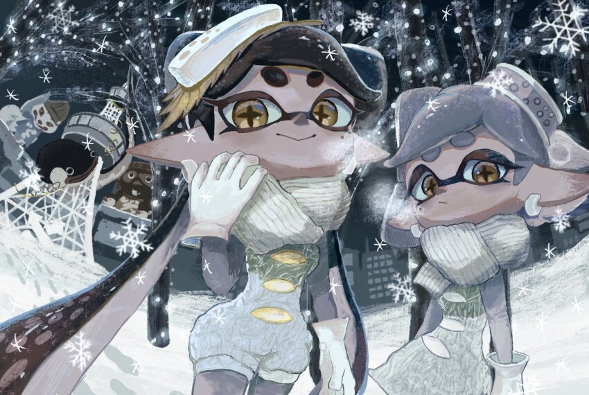 +_+, 2girls, breasts, callie_(frostyfest)_(splatoon), callie_(splatoon), dress, earrings, gloves, highres, ikura_tuna, inkling, jewelry, marie_(frostyfest)_(splatoon), marie_(splatoon), medium_breasts, multiple_girls, nintendo, pointy_ears, scarf, small_breasts, snow, snowman, splatoon_(series), splatoon_3, tentacle_hair, yellow_eyes