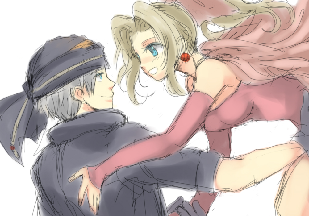 1990s_(style), 1boy, 1girl, bandana, blonde_hair, blue_eyes, cape, final_fantasy