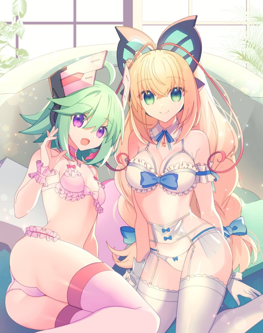 2girls, antenna_hair, ass, azure_striker_gunvolt, azure_striker_gunvolt_2, blonde_hair, bra, braid, breasts, butterfly_hair_ornament, choker, detached_collar, garter_straps, green_eyes, green_hair, hair_ornament, highres, jewelry, lingerie, lololotton, long_hair, lumen_(gunvolt), medium_breasts, multicolored_hair, multiple_girls, necklace, panties, pink_bra, pink_hair, pink_headwear, pink_panties, purple_eyes, revealing_clothes, robot_girl, roro_(gunvolt), short_hair, small_breasts, twin_braids, underwear, underwear_only, white_bra, white_panties, window