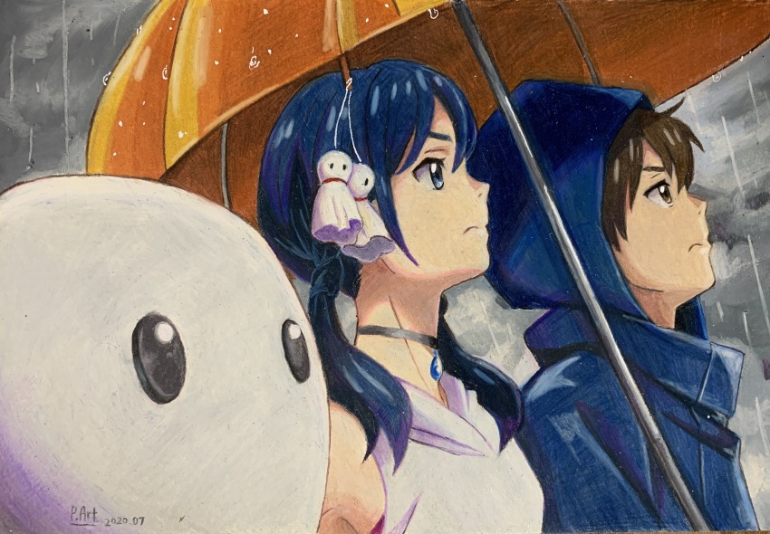 1girl, 2boys, absurdres, amano_hina_(tenki_no_ko), amano_nagi, artist_name, black_choker, blue_eyes