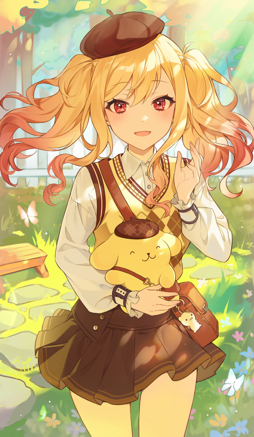 1girl, :d, absurdres, argyle_clothes, argyle_sweater_vest, bag, bag_charm, bench