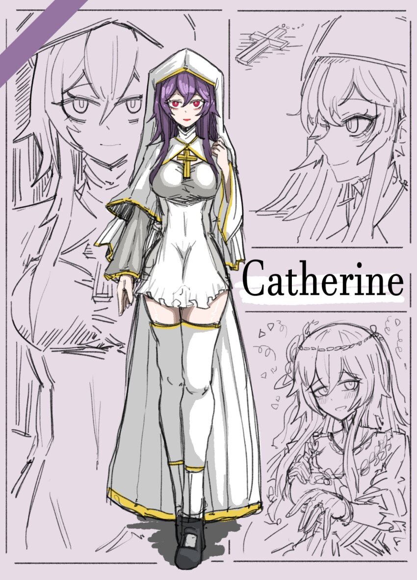 1girl, bags_under_eyes, black_footwear, black_souls, blush, breasts, catherine_(black_souls), character_name, cross, cross_necklace, dress, full_body, gloves, habit, hair_between_eyes, highres, jewelry, koshou_shou_mitsu, large_breasts, long_hair, long_sleeves, looking_at_viewer, multiple_views, necklace, nun, nun_headdress, parted_lips, purple_hair, red_eyes, simple_background, sketch, smile, thighhighs, white_dress, white_thighhighs, wide_sleeves