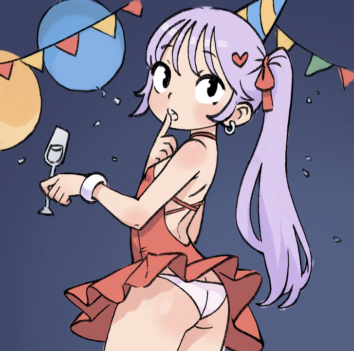 1girl, ass, backless_dress, backless_outfit, balloon, bare_shoulders, bracelet, breasts, cup, dress, drinking_glass, earrings, female_focus, finger_to_mouth, from_behind, gluteal_fold, hair_ornament, hair_ribbon, hat, heart, heart_hair_ornament, holding, holding_cup, holding_wine_glass, jewelry, loli, long_hair, looking_at_viewer, looking_back, original, panties, party_hat, ponytail, purple_hair, qtkat, red_dress, red_ribbon, ribbon, sidelocks, sleeveless, sleeveless_dress, small_breasts, solo, teeth, thighs, underwear, upper_teeth_only, white_panties, wine_glass