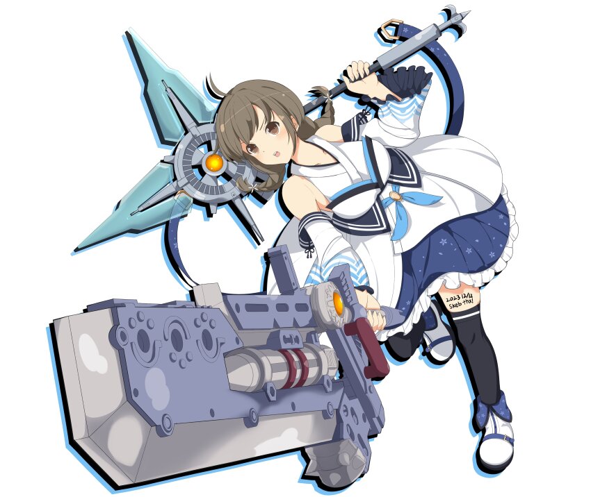 1girl, absurdres, ahoge, ankle_boots, arm_up, assault_lily, asymmetrical_dual_wielding, bare_shoulders