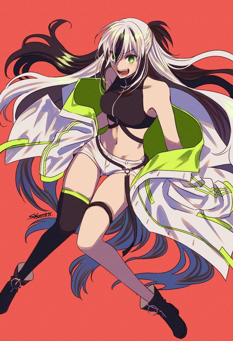 1girl, black_hair, fate/grand_order, fate_(series), green_eyes, jacket, long_hair, midriff