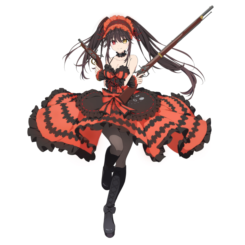 1girl, antique_firearm, bare_shoulders, black_footwear, black_hair, breasts, collarbone, cross-laced_footwear