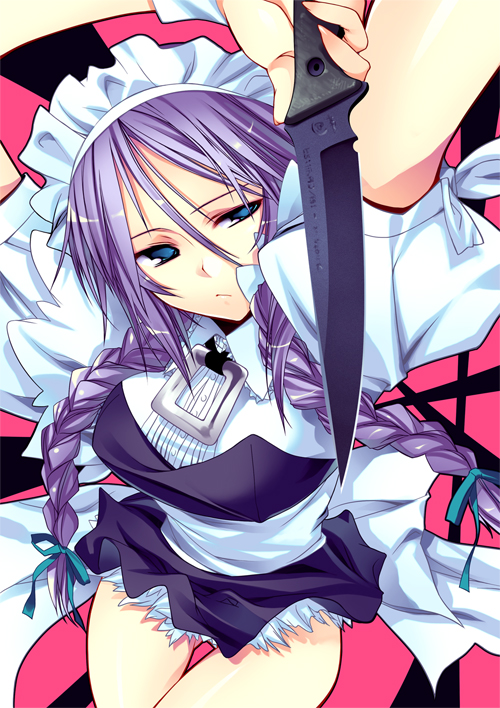 1girl, blue_eyes, braid, breasts, female_focus, izayoi_sakuya, knife, long_hair, maid, oba_kagerou, ooba_kagerou, purple_hair, solo, throwing_knife, touhou, twin_braids, twintails, weapon