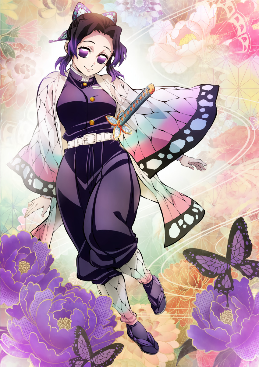 1girl, artist_name, belt, black_hair, bug, butterfly, butterfly_hair_ornament, flower