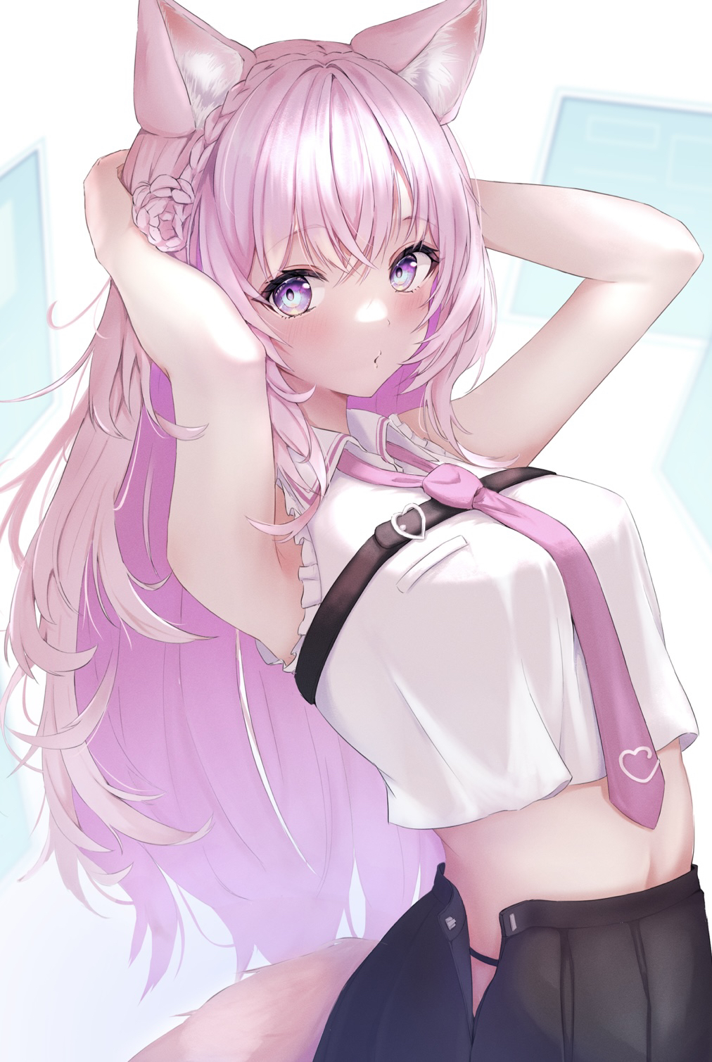 1girl, animal_ear_fluff, animal_ears, armpits, arms_behind_head, arms_up, black_skirt, blush