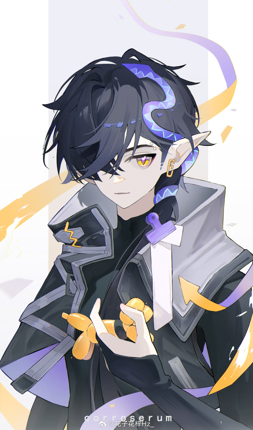 1boy, arknights, arrow_(symbol), arrow_hair_ornament, artist_name, balloon, balloon_animal, black_bodysuit