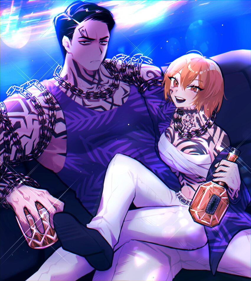 1boy, 1girl, alcohol, arm_tattoo, black_footwear, blonde_hair, bottle, breasts