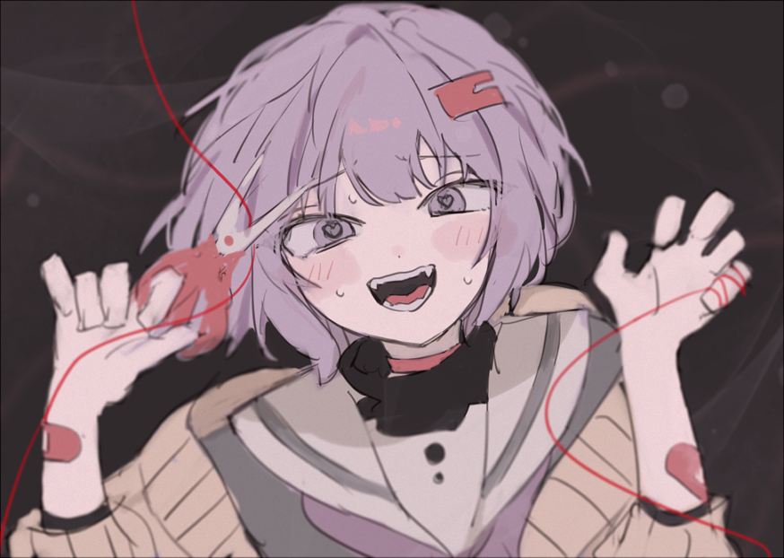 1girl, a.i._voice, abstract_background, bandaid, bandaid_on_arm, blush, brown_cardigan, cardigan, choker, commentary_request, dark_background, fangs, furrowed_brow, grey_shirt, hair_ornament, hairclip, hands_up, head_tilt, heart, heart-shaped_pupils, holding, holding_scissors, kyuuto_na_kanojo_(cevio), looking_at_viewer, mochisiku, off_shoulder, open_cardigan, open_clothes, open_mouth, pink_choker, purple_eyes, purple_hair, raised_eyebrows, sailor_collar, school_uniform, scissors, serafuku, shirt, smile, solo, string, string_around_finger, string_of_fate, sweat, symbol-shaped_pupils, turtleneck, undershirt, voiceroid, white_sailor_collar, yuzuki_yukari, yuzuki_yukari_(shizuku)