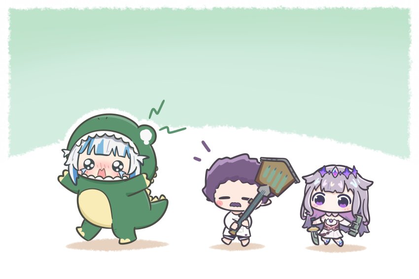 3girls, absurdres, blue_hair, bob_ross, bob_ross_(cosplay), chibi, circlet, commentary