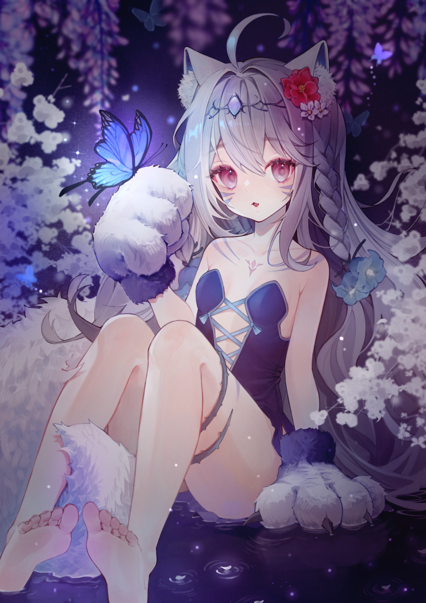 1girl, absurdres, ahoge, animal_ear_fluff, animal_ears, arm_at_side, bare_arms, bare_legs