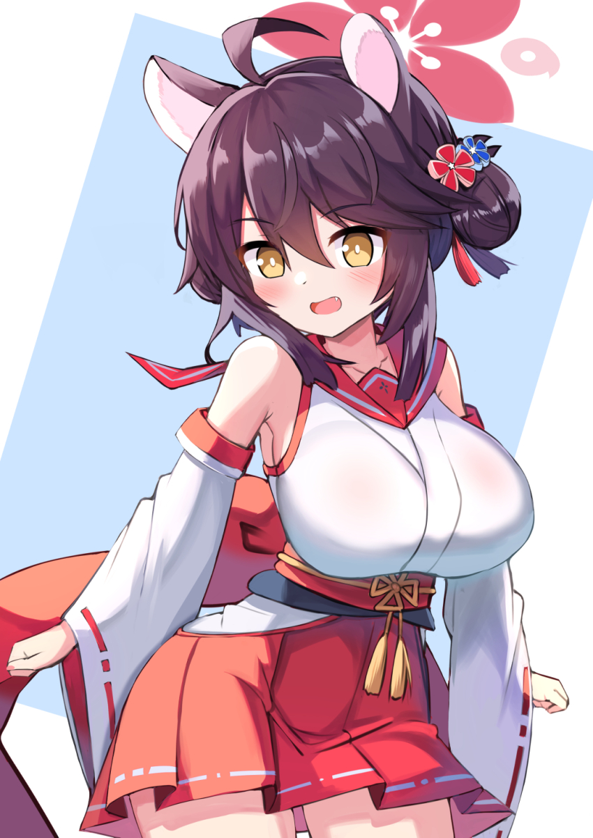 1girl, ahoge, animal_ears, blue_archive, blue_background, blush, breasts, bright_pupils, brown_hair, commentary_request, detached_sleeves, fang, hair_between_eyes, hair_bun, hair_ornament, halo, highres, japanese_clothes, kaede_(blue_archive), large_breasts, looking_at_viewer, miko, open_mouth, oppai_loli, red_halo, red_sailor_collar, sailor_collar, short_hair, single_side_bun, solo, thighs, two-tone_background, white_background, white_pupils, white_sleeves, wide_sleeves, yellow_eyes, yuutopia