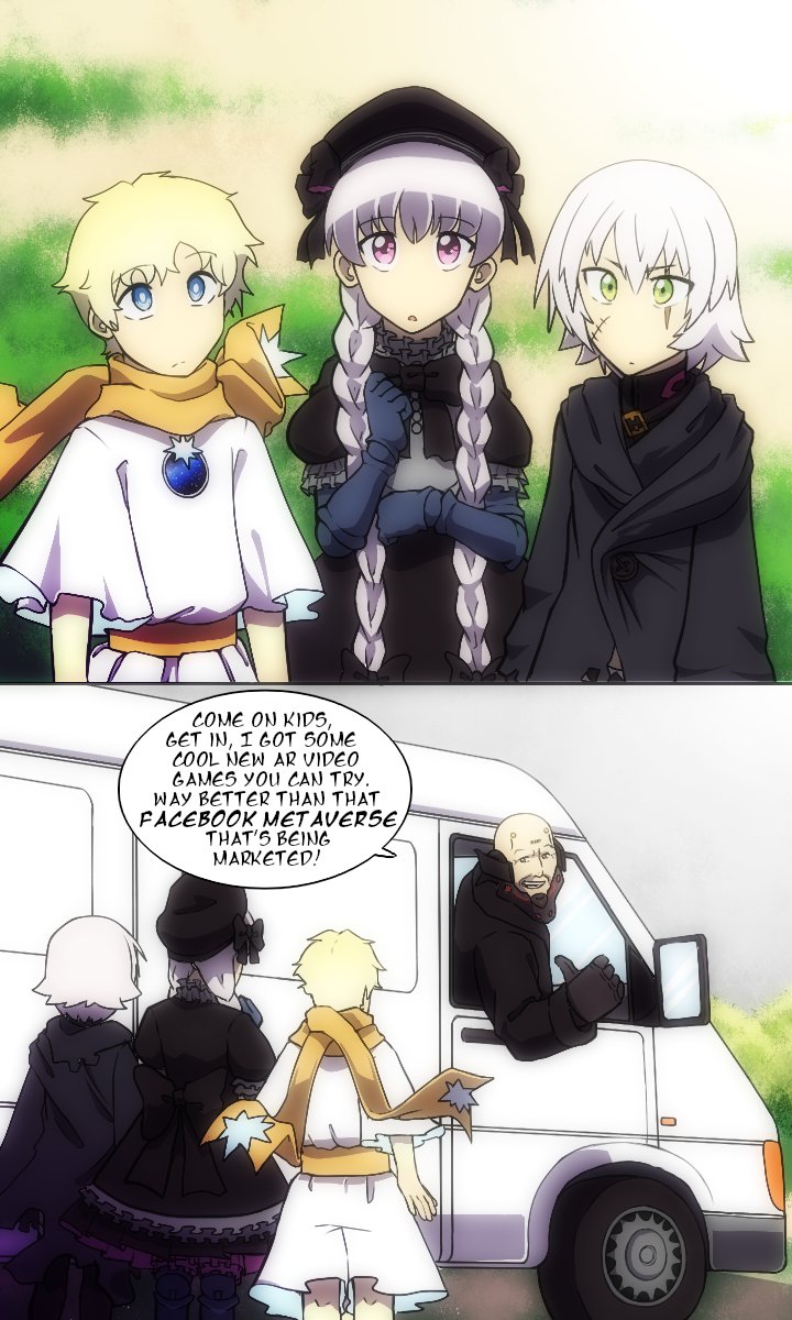 2boys, 2girls, bald, black_coat, black_headwear, black_jacket, blonde_hair, blue_eyes