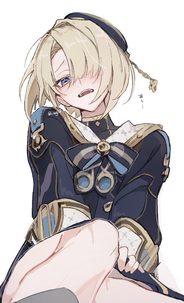 1boy, androgynous, blonde_hair, blue_headwear, blue_jacket, blush, freckles, freminet_(genshin_impact)