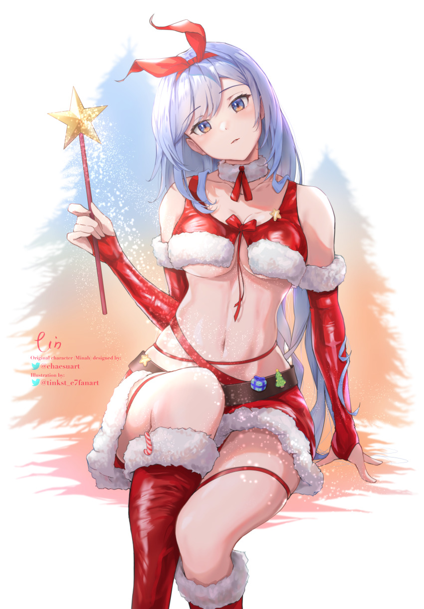 1girl, absurdres, blue_eyes, blue_hair, boots, borrowed_character, bow_hairband, breasts