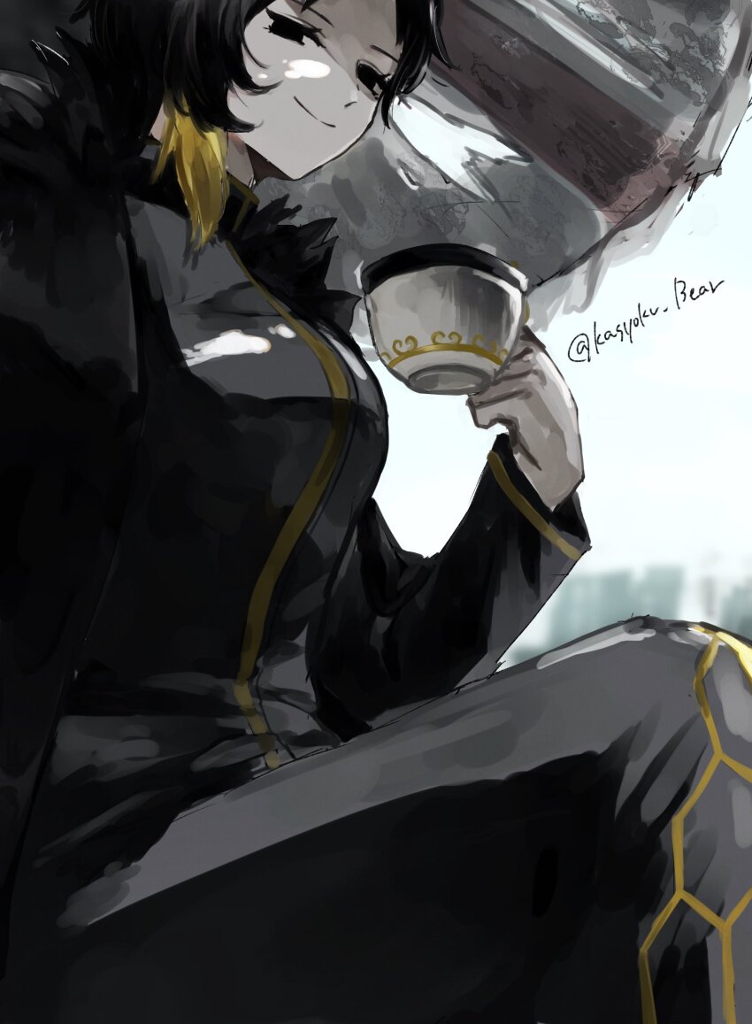 1girl, binah_(project_moon), black_cape, black_dress, black_eyes, black_hair, blonde_hair, cape