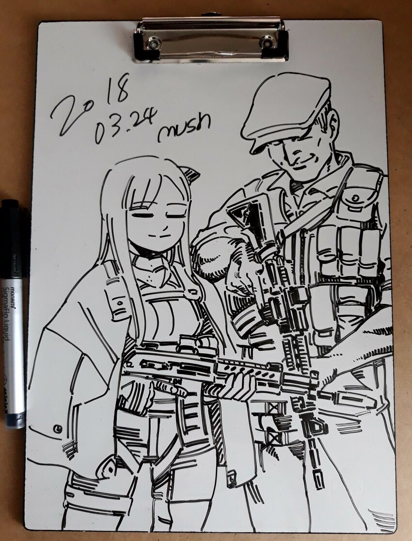 1boy, 1girl, absurdres, ajin_(sakurai_gamon), ak-12, ak-12_(girls'_frontline), aquiline_nose, artist_name