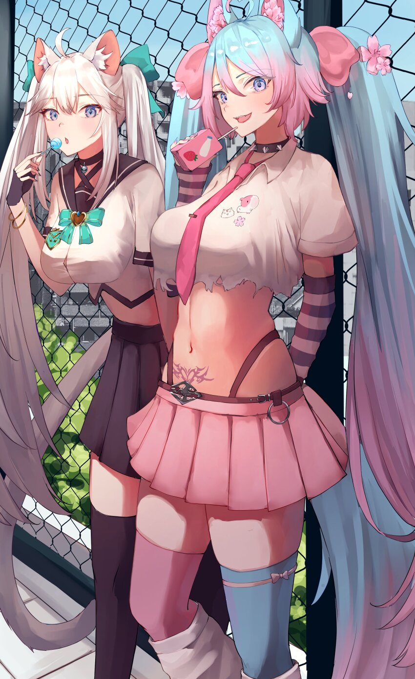 2girls, absurdres, asymmetrical_legwear, black_choker, black_skirt, black_socks, candy, choker, copyright_request, drink_carton, food, highres, holding, holding_candy, holding_food, holding_lollipop, indie_virtual_youtuber, juice_box, lollipop, mismatched_legwear, mozzu123, multiple_girls, pink_skirt, school_uniform, silvervale, skirt, socks, torn_clothes, twintails, vei_(vtuber), virtual_youtuber