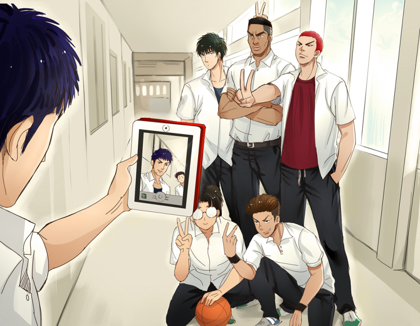 6+boys, akagi_takenori, ball, basketball_(object), belt, black_eyes, black_hair, black_pants, brown_belt, brown_eyes, brown_hair, buzz_cut, closed_mouth, crossed_arms, dark-skinned_male, dark_skin, day, earrings, full_body, hallway, hand_in_pocket, holding, holding_ball, indoors, ipad, jewelry, kogure_kiminobu, looking_at_another, male_focus, mito_youhei, mitsui_hisashi, miyagi_ryouta, moonjjj, multiple_boys, open_clothes, open_shirt, pants, red_hair, red_shirt, rukawa_kaede, sakuragi_hanamichi, scar, scar_on_chin, scar_on_face, serious, shirt, shirt_tucked_in, short_hair, slam_dunk_(series), smile, squatting, stud_earrings, tablet_pc, taking_picture, undercut, v, very_short_hair, wavy_hair, white_shirt
