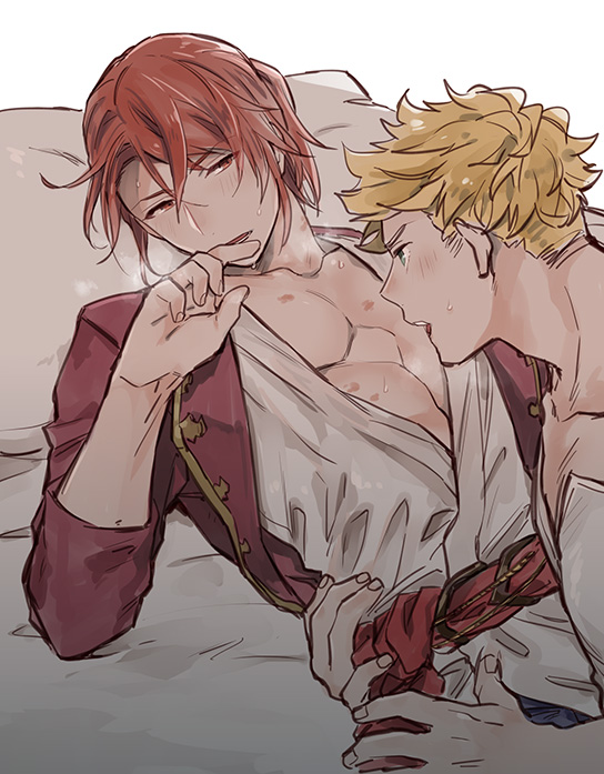 2boys, bara, bed, belt, blonde_hair, blush, couple, granblue_fantasy