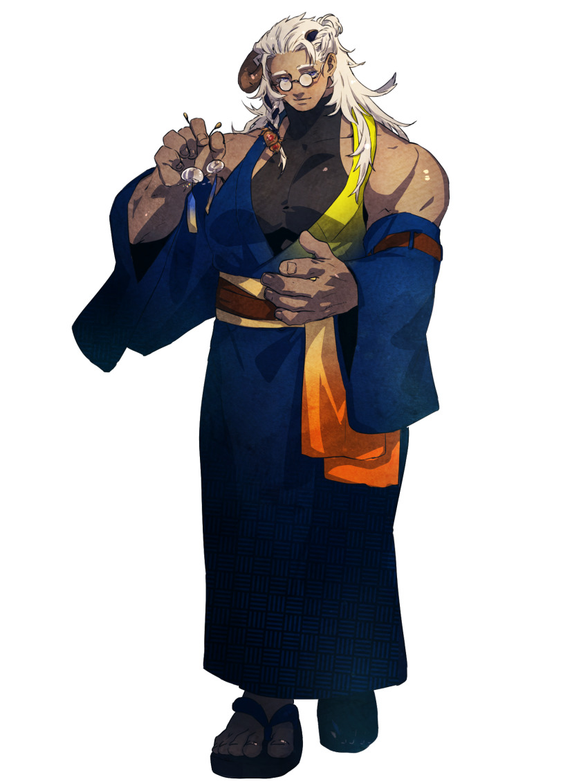 1boy, asymmetrical_horns, bara, brown_horns, dairoku_ryouhei, dark-skinned_male, dark_skin, detached_sleeves