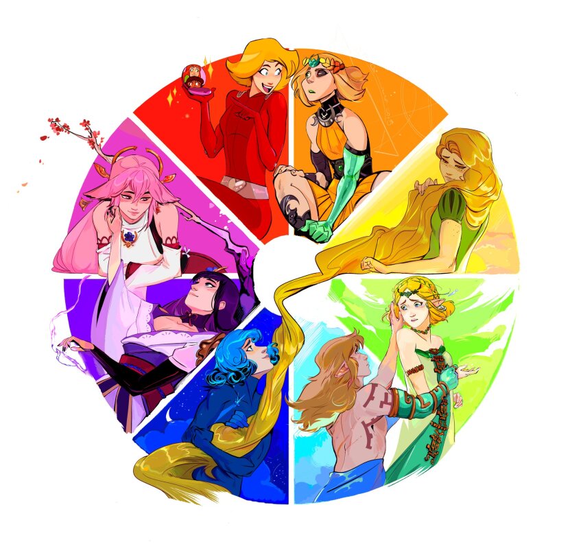 absurdly_long_hair, alex_(totally_spies!), animal_ears, arm_strap, blonde_hair, blue_eyes, blue_hair, bodysuit, braid, branch, breasts, bruise, bruised_eye, cassandra_(tangled), choker, cleavage, clover_(totally_spies!), color_wheel_challenge, commentary, crescent, crossover, detached_sleeves, dress, earrings, english_commentary, floppy_ears, fox_ears, freckles, genshin_impact, grabbing_another's_hair, green_dress, green_eyes, hades_(series), hades_2, half-closed_eyes, head_wreath, highres, holding_another's_hair, injury, japanese_clothes, jewelry, kimono, link, long_hair, medium_breasts, melinoe_(hades), multiple_drawing_challenge, nintendo, nontraditional_miko, open_mouth, orange_dress, orange_hair, pink_eyes, pink_hair, pointing, pointy_ears, princess_zelda, purple_kimono, raiden_shogun, rapunzel's_tangled_adventure, rapunzel_(disney), red_bodysuit, sam_(totally_spies!), scar, scar_on_back, shoulder_tattoo, signature, small_breasts, smile, strapless, strapless_dress, tangled, tattoo, the_legend_of_zelda, the_legend_of_zelda:_tears_of_the_kingdom, thereinart, toned, totally_spies!, turtleneck, turtleneck_bodysuit, very_long_hair, wide_sleeves, yae_miko, yuri