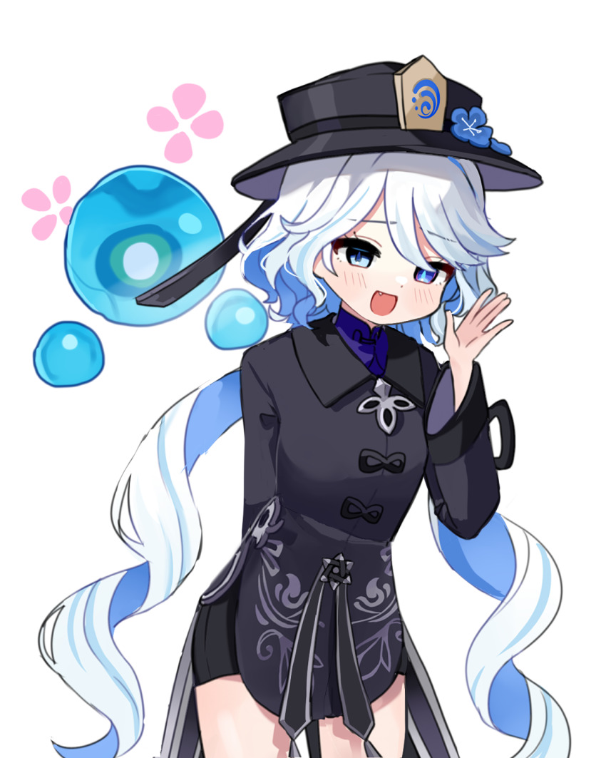 1girl, :d, alternate_costume, arm_behind_back, black_shorts, blue_eyes, chinese_clothes, colored_inner_hair