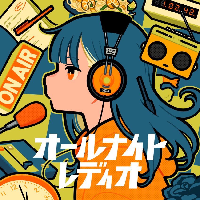 1girl, ado_(utaite), all_night_radio, blue_hair, bright_pupils, clock, food, green_outline