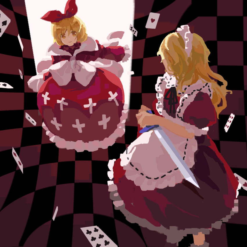 2girls, apron, ayana_(touhou), black_ribbon, bow, card, checkered_background, closed_mouth