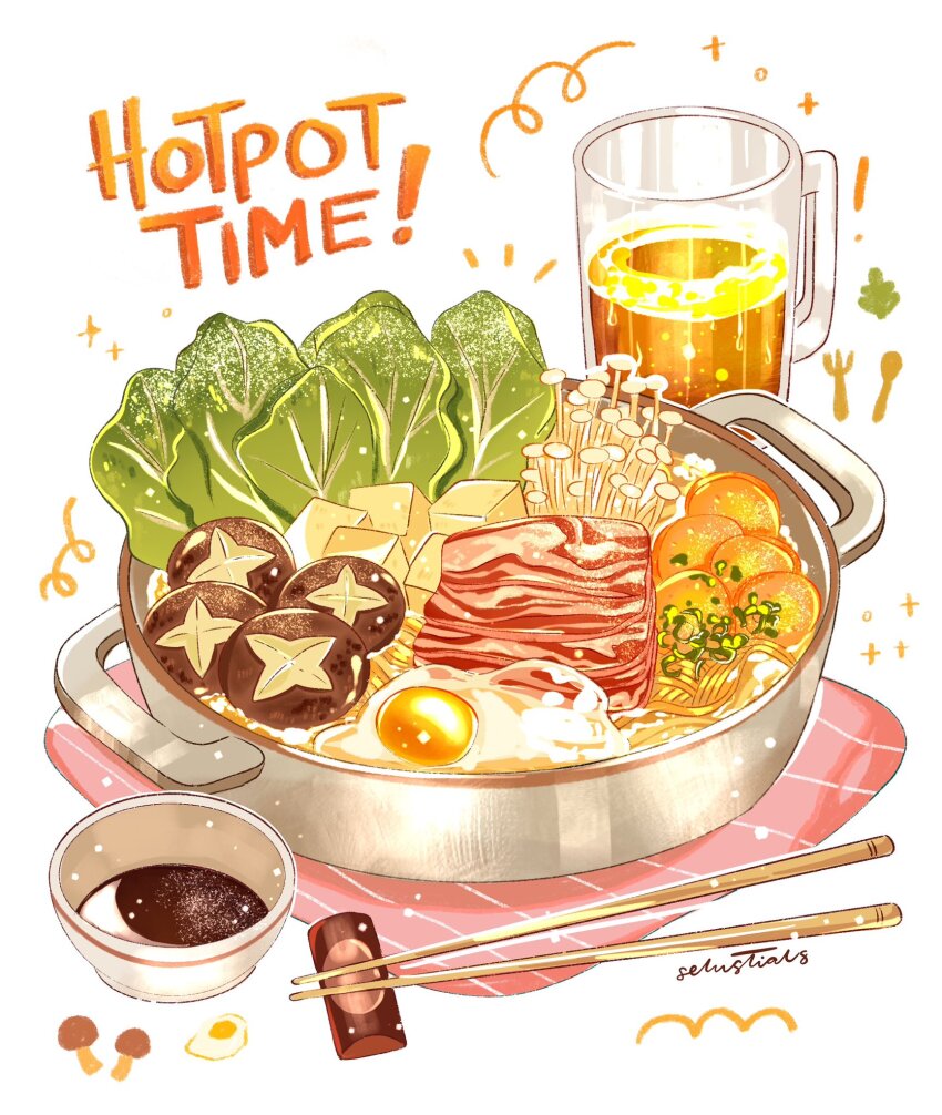 alcohol, beer, chopsticks, egg, english_text, enoki_mushroom, food, food_focus, highres, hotpot, leaf, mushroom, no_humans, original, selustials, shiitake, signature, still_life, tofu, white_background