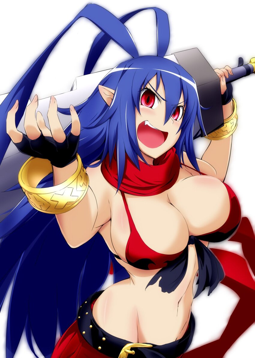 1girl, antenna_hair, belt, bikini, bikini_top_only, blue_hair, bracelet, breasts