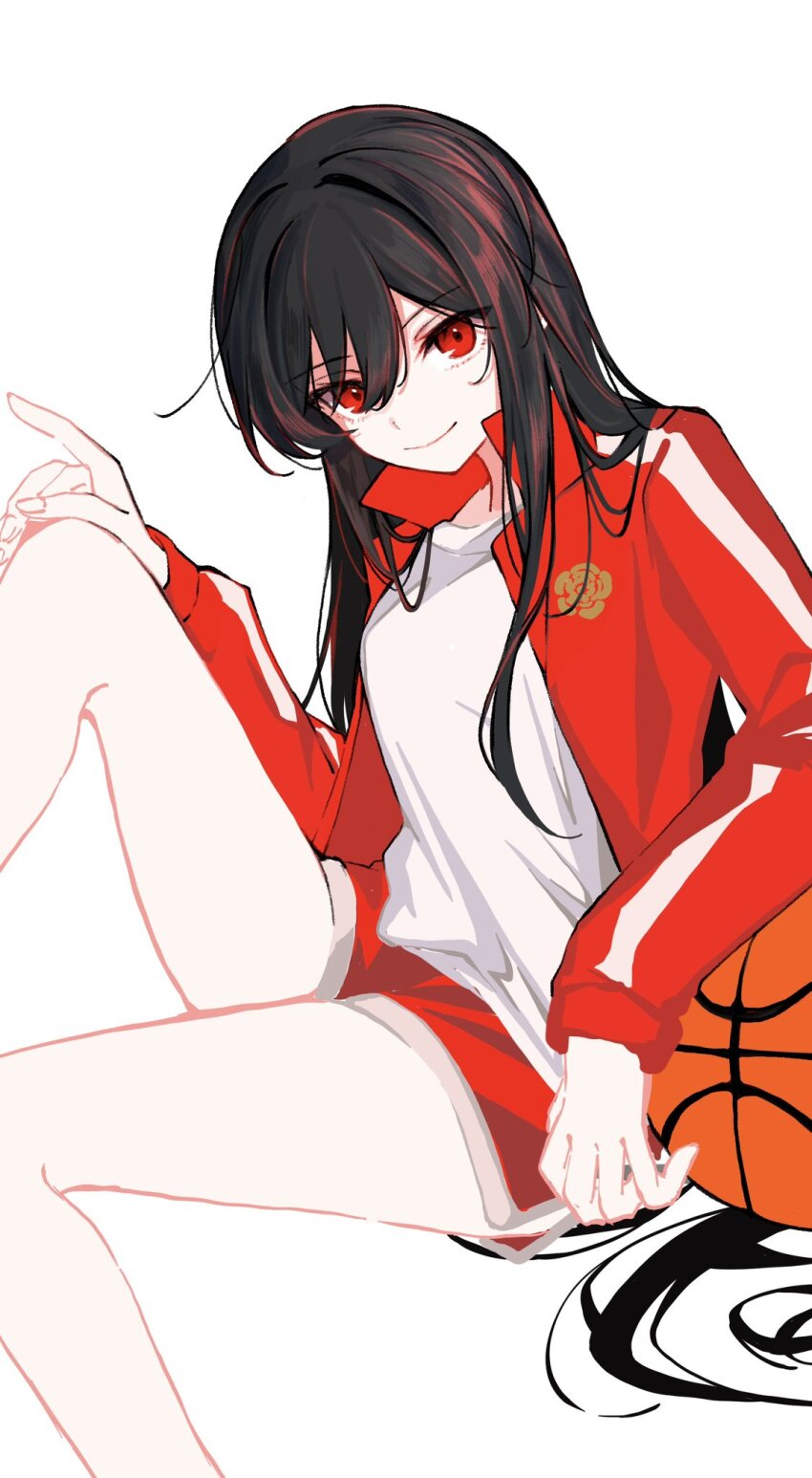 1girl, ball, basketball_(object), black_hair, commentary_request, crest, dolphin_shorts, family_crest