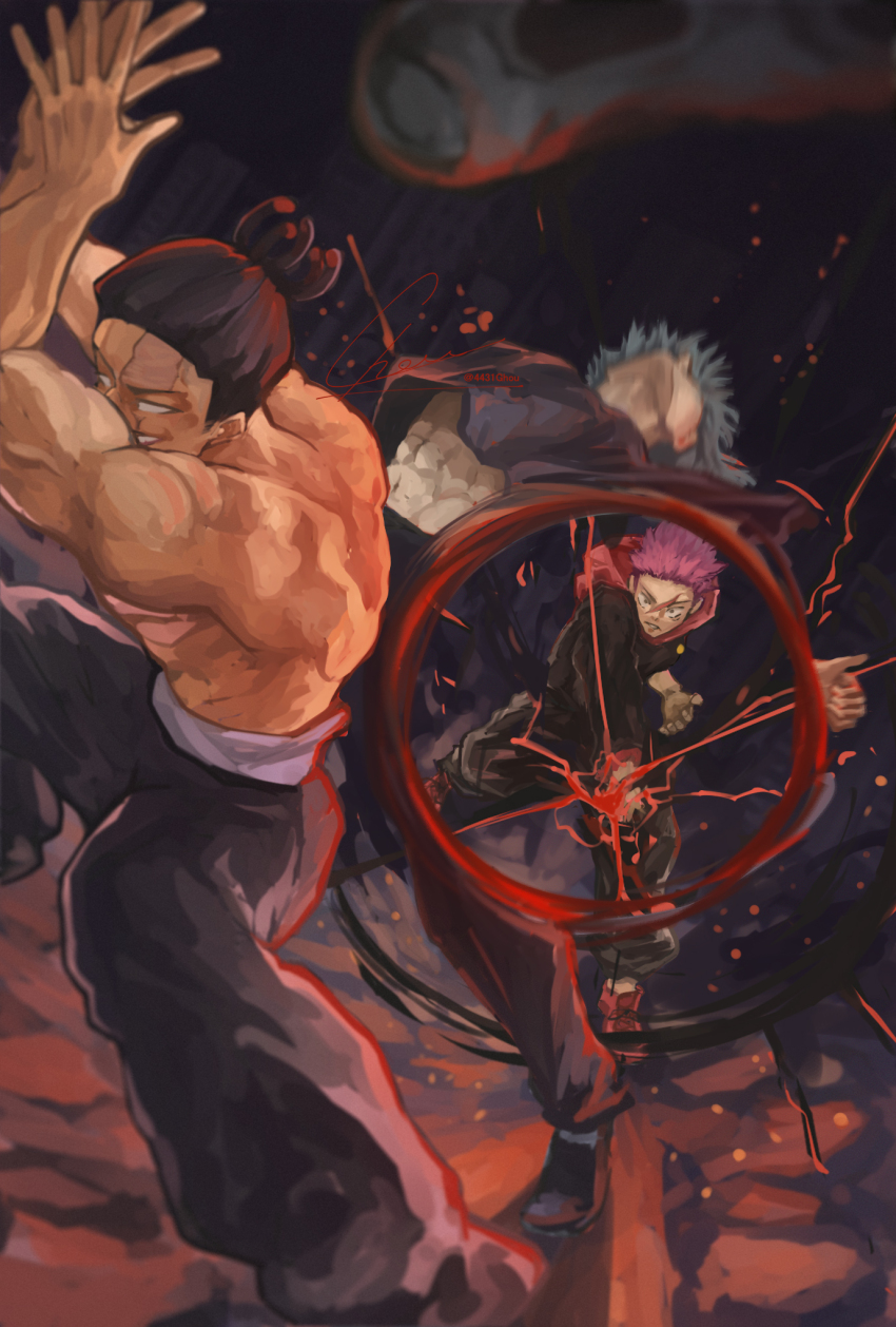 3boys, attack_trail, battle, black_flash_(jujutsu_kaisen), black_hair, blood, blood_splatter, clapping