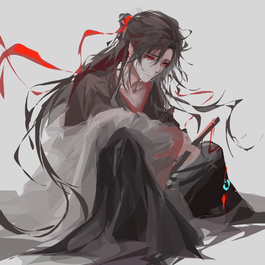 1boy, absurdres, ahoge, arm_on_knee, black_hair, chinese_clothes, closed_mouth, collarbone, commentary_request, crying, crying_with_eyes_open, dizi, flute, flute_tassel, grey_background, hair_pulled_back, highres, holding, holding_flute, holding_instrument, instrument, korean_commentary, lerira9, long_hair, long_sleeves, modao_zushi, off_shoulder, red_eyes, red_ribbon, ribbon, simple_background, sitting, solo, tassel, tears, transverse_flute, wei_wuxian, wei_wuxian_(yiling_laozu)