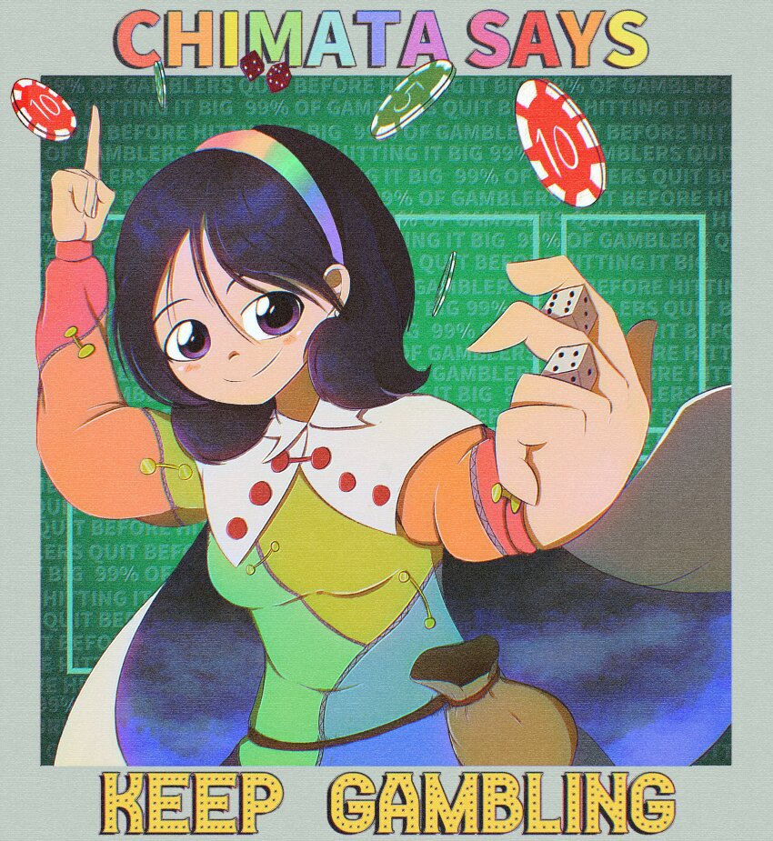 1girl, absurdres, addiction, black_hair, blue_sky, breasts, cape, casino_card_table