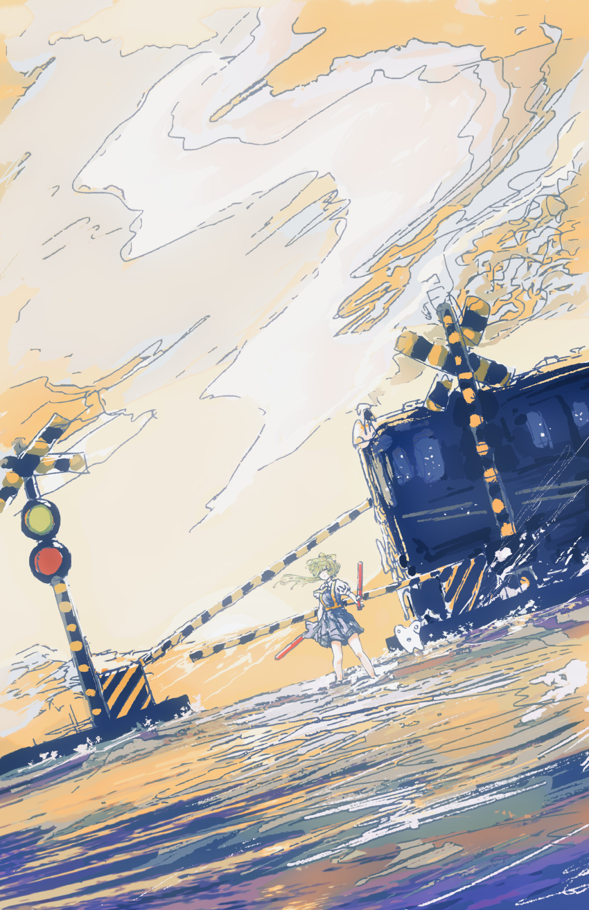 1girl, absurdres, blue_dress, bow, closed_eyes, closed_mouth, cloud, commentary_request