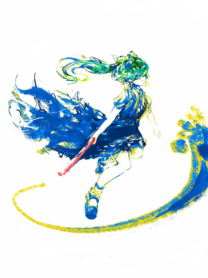 1girl, absurdres, blue_dress, blue_shoes, bow, closed_eyes, closed_mouth, colored_skin