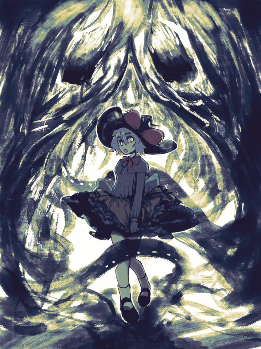 1girl, :o, absurdres, black_hat, black_shoes, bow, bowtie, buttons