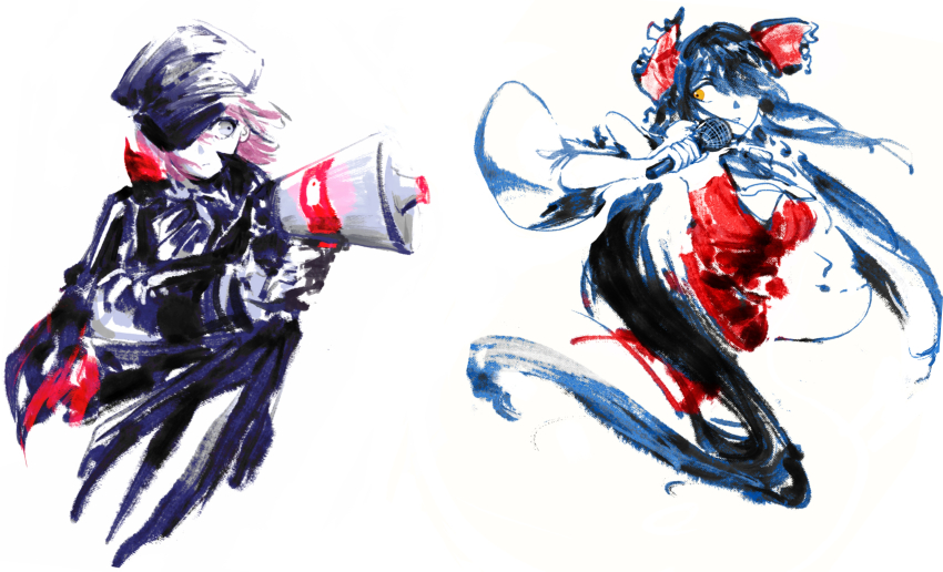 2girls, absurdres, black_coat, black_hair, black_headwear, bow, closed_mouth, coat