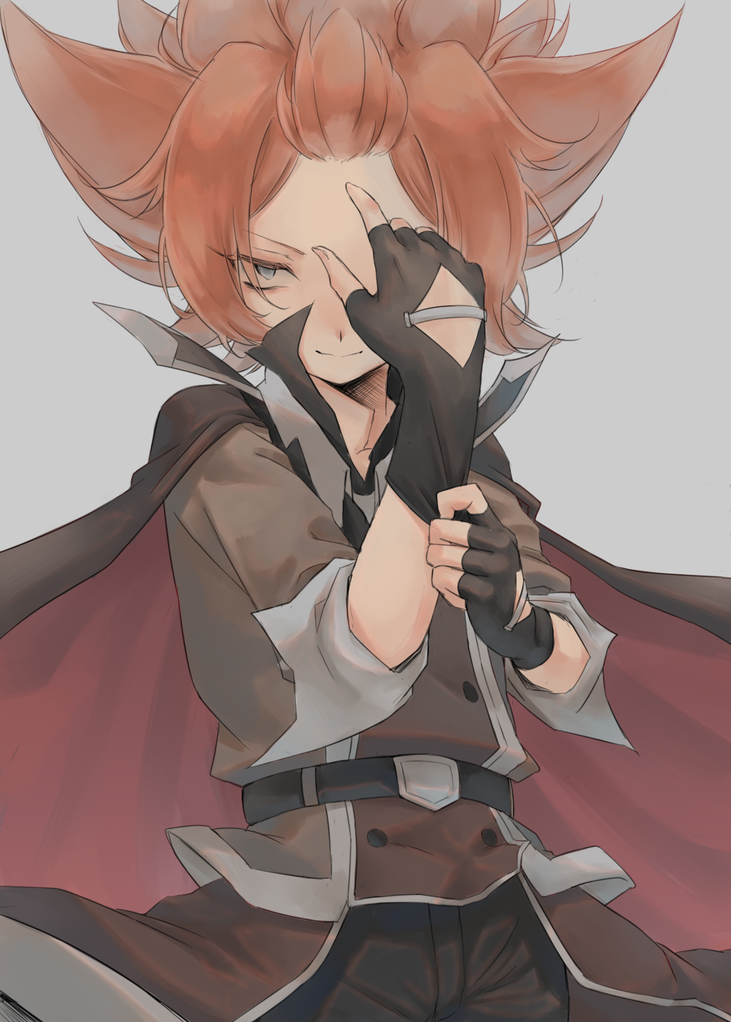 1boy, bags_under_eyes, belt, black_belt, black_cape, black_gloves, brown_shirt, cape